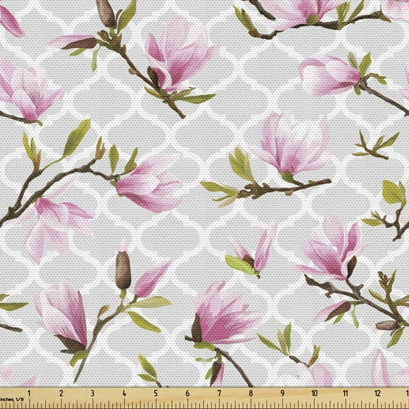 Ambesonne Vintage Fabric by the Yard Upholstery, Magnolia Flower Pattern, 1 Yard, Pale Pink Pale Grey