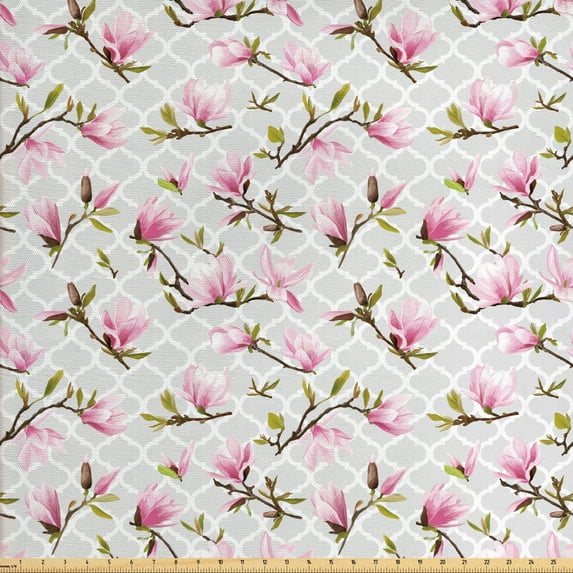Ambesonne Vintage Fabric by the Yard Upholstery, Magnolia Flower Pattern, 2 Yards, Pale Pink Pale Grey