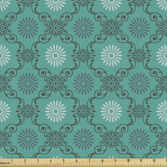 Ambesonne Vintage Fabric by the Yard Upholstery, Floral Damask Curlicue Art, 5 Yards, Seafoam Grey