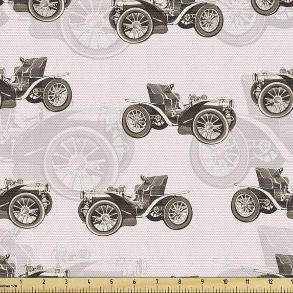 Vintage Fabric by the Yard Upholstery, Old Style with Monochrome Transport Machine Drawings, Decorative Fabric for DIY and Home Accents, Dark Taupe Pearl by Ambesonne