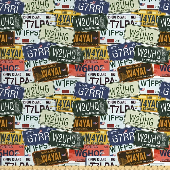 Ambesonne Retro Fabric by the Yard Upholstery, Vintage Travel Plate, 3 Yards, Green Blue Yellow