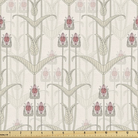 Vintage Fabric by the Yard Upholstery, Retro Inspired Flowers Pattern in Soft Tone Shabby Form Illustration, Decorative Fabric for DIY and Home Accents, Sage Green Pink by Ambesonne