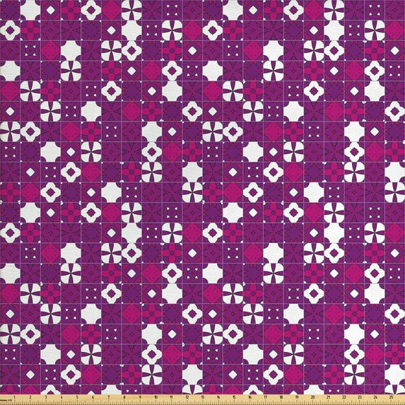 Vintage Fabric by the Yard Upholstery, Tile Arrangement Design Purple Shades Geometric Composition Retro Motifs, Decorative Fabric for DIY and Home Accents, Purple Magenta White by Ambesonne
