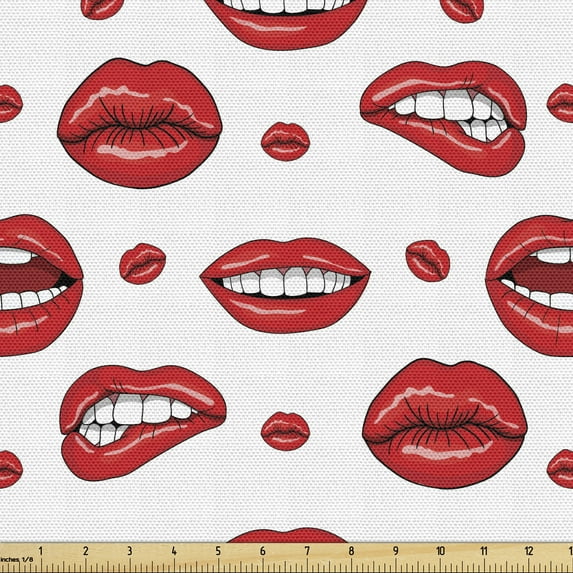 Ambesonne Vintage Fabric by the Yard Upholstery, Woman Lips with Gestures, 1 Yard, Vermilion and White