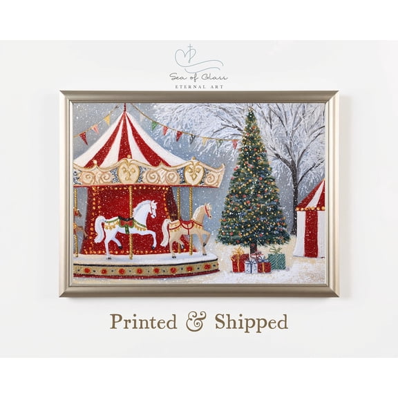 Vintage Fair, Whimsical Carousel Art Print Poster, Cozy Folk Art Style, Festive Winter Scene Print Poster, Heartwarming,, Unframed Canvas Size 24x36 F03.1.18l1317