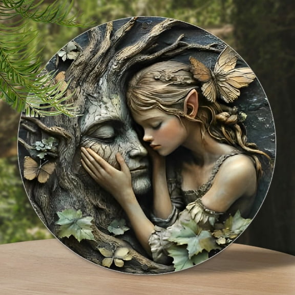Vintage Fairy and Dryad Wall Art - 8x8 Inch Round Aluminum Sign with Intricate Leaf and Butterfly Design, Perfect for Home, Office, or Caf Decor | Ideal Gift for Holidays, Parties, Fairy Decor