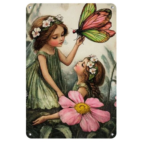 Vintage Fairy Garden Metal Sign, 8x12 Inch Rustic Floral Fairy Art Print, Frameless Wall Decor for Home, Kitchen, Bar, Cafe, and Orchard
