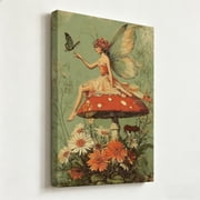 Vintage Fairy on Mushroom Canvas Wall Art Whimsical Forest Pixie Painting Retro Mushroom and Butterfly Poster Elegant Cottagecore Botanical Home Decor Living Room Bedroom Nursery Canvas Prints Ready