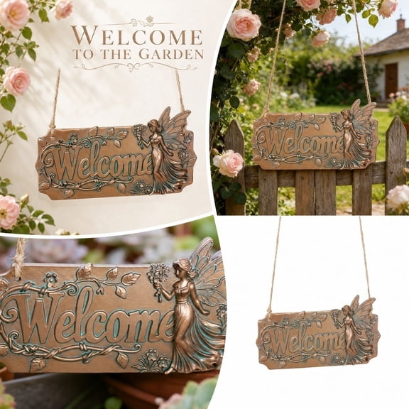 Vintage Fairy Welcome Hanging Sign, Embossed Floral Plaque for Garden Decor, Rustic Angel Wall Hanging Ornament for Patio Fence Front Door Yard Farmhouse Layout