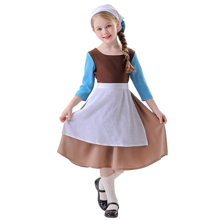classic maid dress Vintage Fairytale Peasant Costume Set Storybook Servant Outfit with Apron Headscarf for Halloween Cosplay, Girl's, Size: 8-9Y historically accurate maid outfit