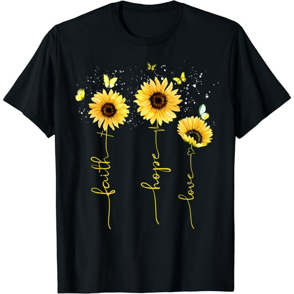 Vintage Faith Cross Hope Love Sunflower Butterfly Christian T-Shirt