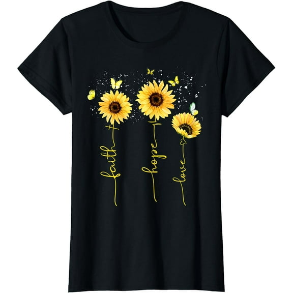 Vintage Faith Cross Hope Love Sunflower Butterfly Christian T-Shirt