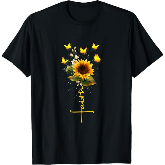Vintage Faith Cross Sunflower Butterflies Flowers Christians T-Shirt