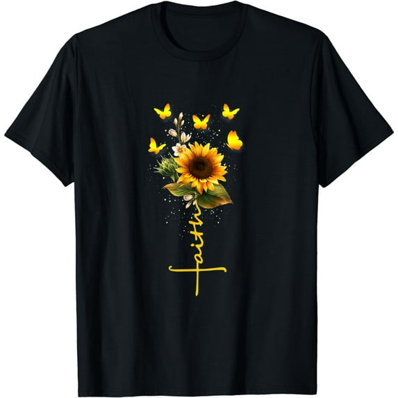 Vintage Faith Cross Sunflower Butterflies Flowers Christians T-Shirt