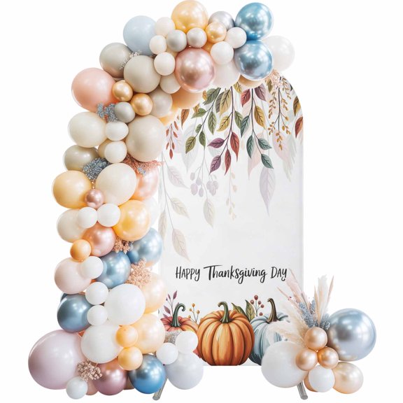 Vintage Fall Arch Backdrop Cover 4x1.65 Ft, Spandex Wedding Arch Stand Cover, Orange Blue Pumpkins Thanksgiving Maple Leaf Round Top Stretch Fitted Background Covers for Birthday Ceremony Party Decor