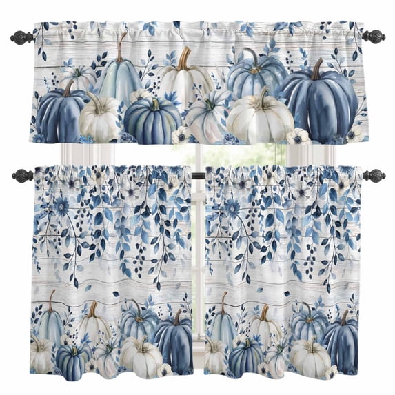 Vintage Fall Blue Kitchen Curtains Sets for Windows 36 Inch Length, Thanksgiving Botanical Pumpkins Rod Pocket Window Treatments Tier Curtains and Valances Set for Bedroom/Bathroom