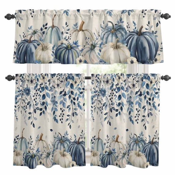 Vintage Fall Blue Kitchen Curtains Sets for Windows 36 Inch Length, Thanksgiving Botanical Pumpkins Rustic Rod Pocket Window Treatments Tier Curtains and Valances Set for Bedroom/Bathroom