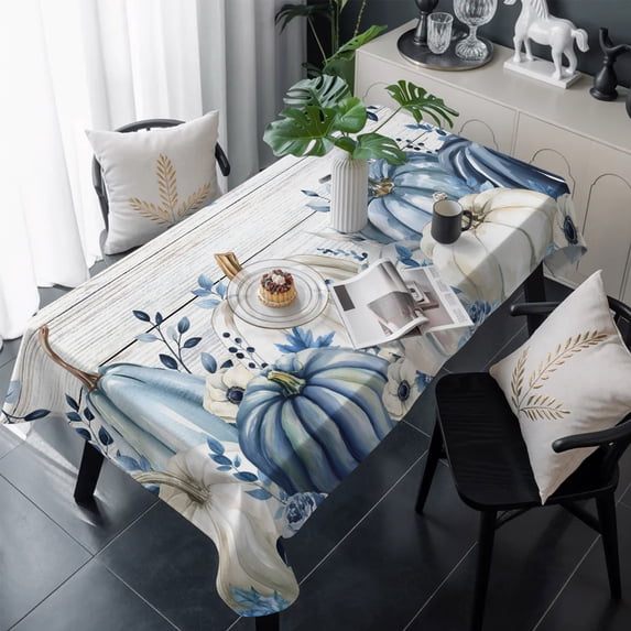 Vintage Fall Blue Table Cloth Waterproof Tablecloths, Thanksgiving Botanical Pumpkins Tablecloth Dining Table Cover for Kitchen Party Tabletop Outdoor, Rectangle Tablecloth 54x108 Inch