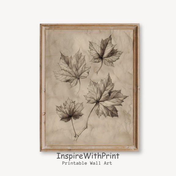 Vintage Fall Botanical Leaves Sketch Poster Maple Leaf Drawing, Fall Foliage Poster Rustic Farmhouse Fall Art, Neutral Fall Cottagecore Art, Size 8x12 UNFFRAMED F03.1.6l183