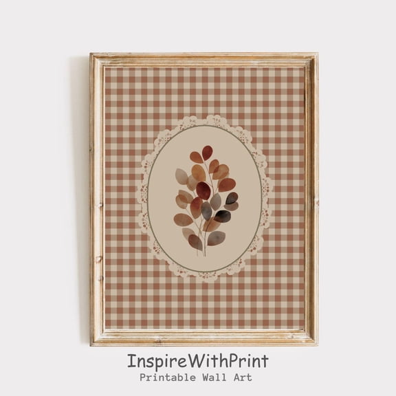 Vintage Fall Botanical Print, Autumn Cottagecore Leaves Art Printable Fall Foliage Print, Neutral Farmhouse Fall Print, Gingham Print, Size 16x24 UNFFRAMED F03.1.5l1684