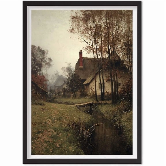 Vintage Fall Cottage Print | Autumn Landscape Printable Wall Art | Muted Cottage, Matte Canvas Stretched, Posters for Room Bedroom Living Room Bathroom Wall Decor, Posters & Art Prints, Gift.