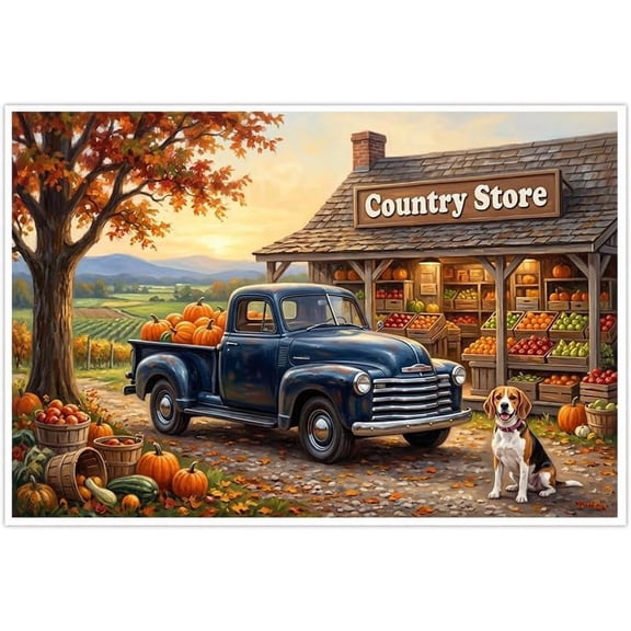 Vintage Fall Farmhouse Wall Art Rustic Blue Truck Pumpkin Dog Harvest Decor