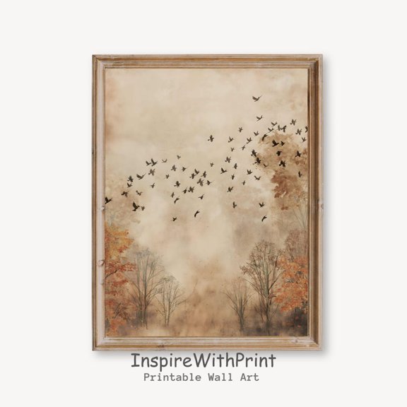 Vintage Fall Flock of Birds Poster Rustic Fall Farmhouse Art, Neutral Autumn Cottagecore Bird Art, Trendy Poster Moody Fall Print, Size 8x12 UNFFRAMED F03.1.6l344