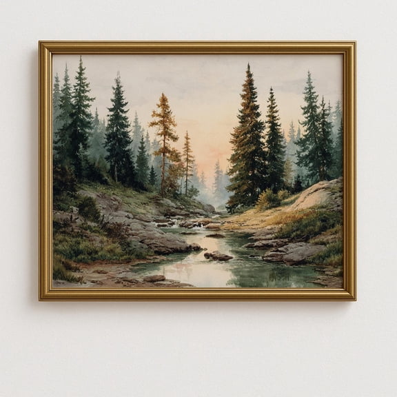 Vintage Fall Forest Sunset Landscape Rustic Autumn Woods, Peaceful Nature Scene, Print Poster Wall Art, Forest Stream Decor 146, Size 16x24 UNFFRAMED F03.1.6l3165