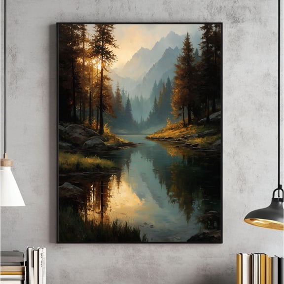 Vintage Fall Lake Landscape Art, Rustic Farmhouse Print