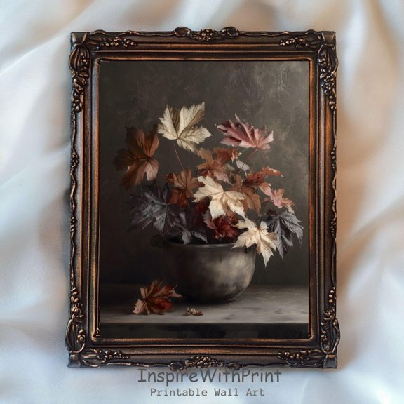 Vintage Fall Leaves Poster Maple Leaf Art Printable Fall Still Life Poster Dark Botanical Rustic Autumn Cottagecore Art Fall Farmhouse Print, Size 8x12 UNFFRAMED F03.1.6l421