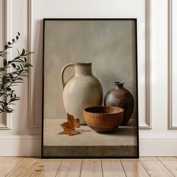Vintage Fall Print with Ceramics Muted Organic Autumn Art, Stretched Canvas 12x16in