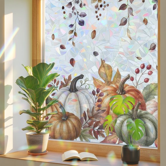 Vintage Fall Privacy Window Film, Decorative Stained Glass Window Film, Orange Sage Green Pumpkins Thanksgiving Resuable Rainbow Static Cling for Home Bathroom Living Room Glass Door 17.7"x39.3"