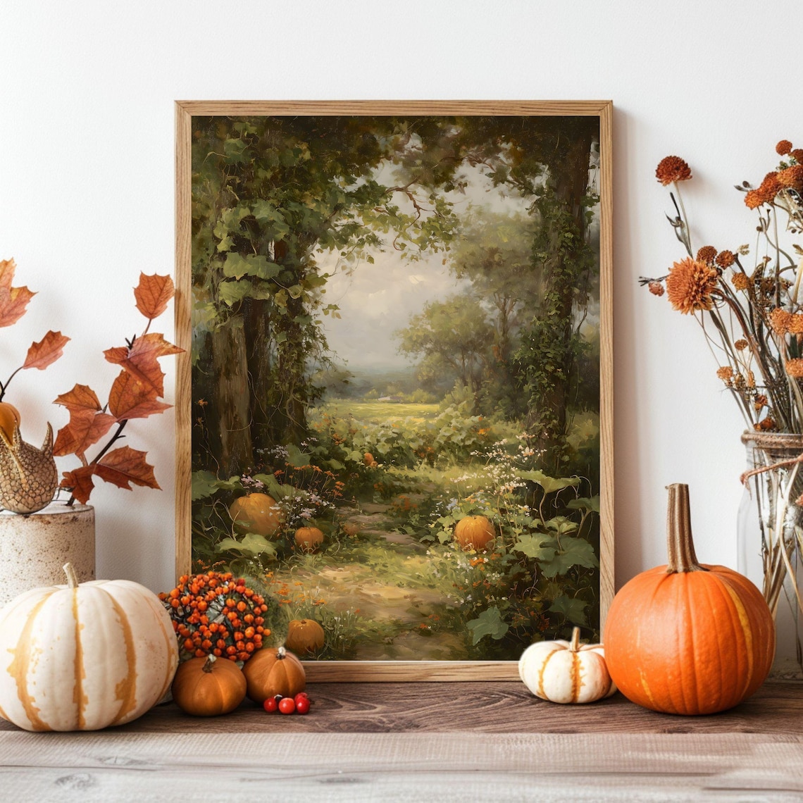 Vintage Fall Pumpkin Field Landscape Art, Autumn Cottagecore Printable ...