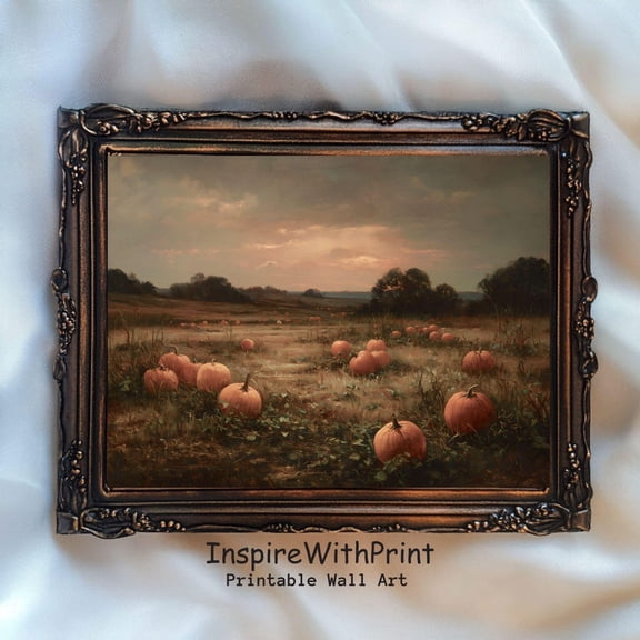 Vintage Fall Pumpkin Field Sunset Landscape Art, Autumn Cottagecore Printable Moody Fall Print UNFRAMED Poster, Wall Art for Decor, Present, 24x36