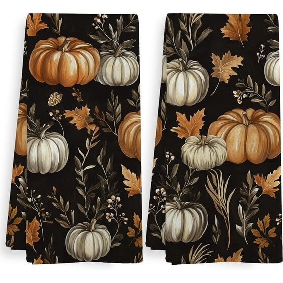 Vintage Fall Pumpkin Kitchen Towels and Dishcloths Sets of 2, Fall Autumn Thanksgiving Pumpkin Decor Dish Hand Tea Towels for Bathroom Kitchen, Dark Cottagecore Harvest Room Decor, 18x26 Inch