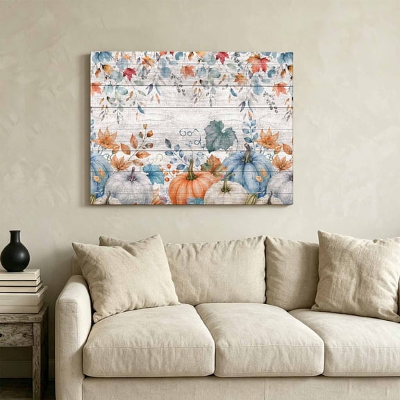 Vintage Fall Pumpkin Leaves Framed Canvas Wall Art Print in USA,Canvas Pictures Painting Prints Thanksgiving Farm Wood Grain Wall Artwork for Home Office Living Room Bedroom Decor,36"x24"