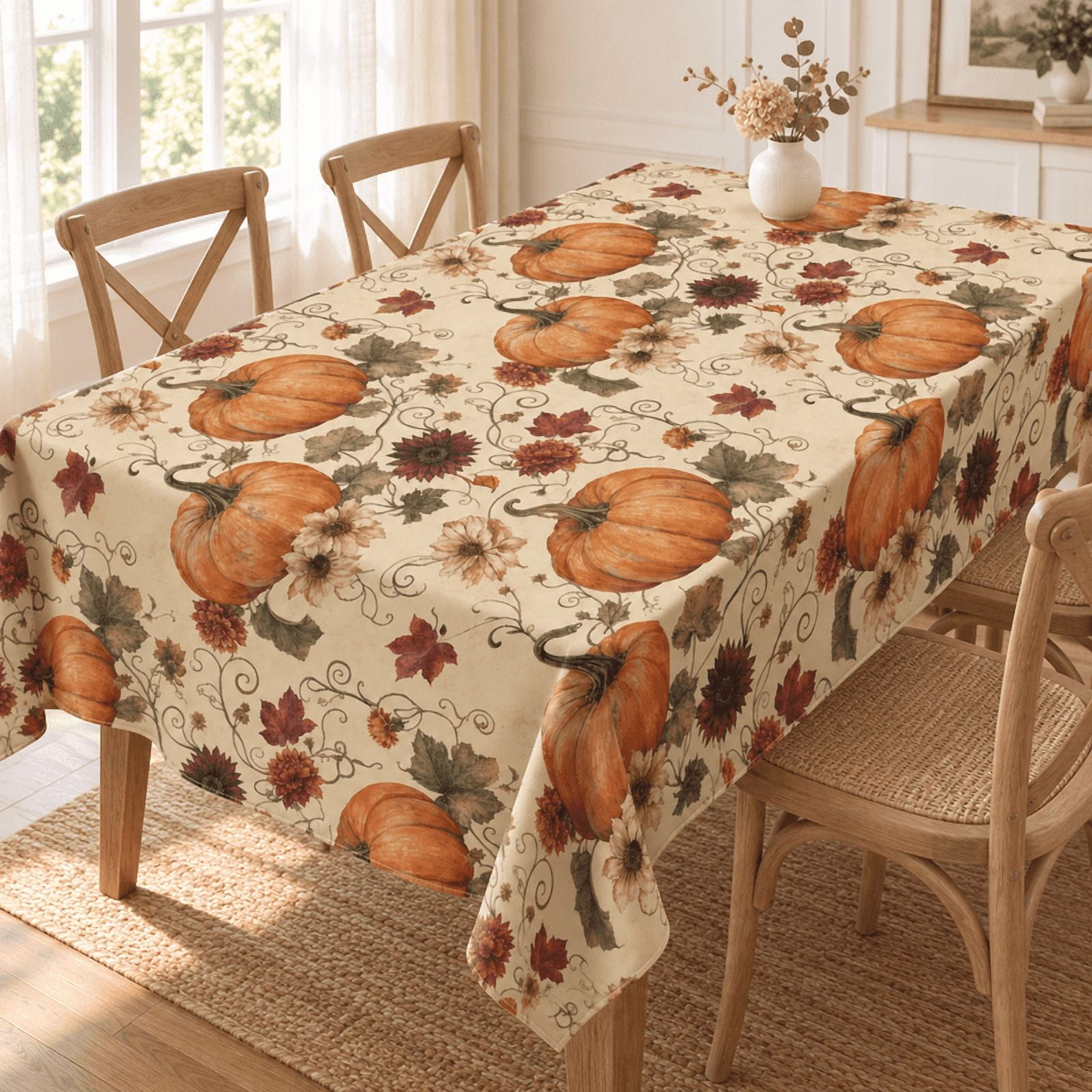 Vintage Fall Pumpkin Tablecloth, Floral & Swirling Vine Print, Cream ...