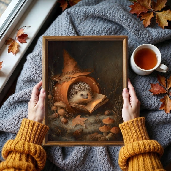 Vintage Fall Reading Hedgehog Poster Whimsical Autumn Woodland Animal Art, Moody Autumn Cottagecore Printable Art Rustic Fall Bookish Print, Size 8x12 UNFFRAMED F03.1.6l158
