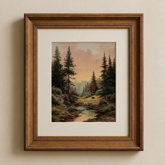 Vintage Fall Sunset Print Poster Autumn Forest Landscape Art, Rustic Creek, Earthy Wall Decor, Cottagecore , Woodland Scene 85, Size 12x18 UNFFRAMED F03.1.7l68