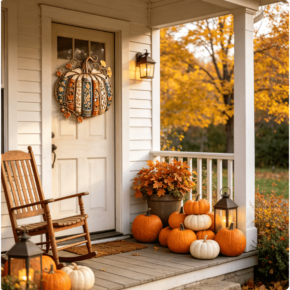 Vintage Fall Thanksgiving Hanging Decoration, Metal Pumpkin Wall Art, Distressed Metal Pumpkin with Maple Leaves Acorn for Door Porch Entryway Living Room, Autumn Harvest Home Decor, Book Stack