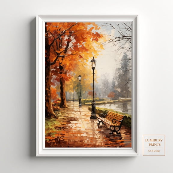 Vintage Fall Wall Art, Park Scene Illustration, Pond Landscape, Autumn Leaves Wall Art, Vintage Landscape Print, Home Decor #2064, Stretched Canvas Size 12x18
