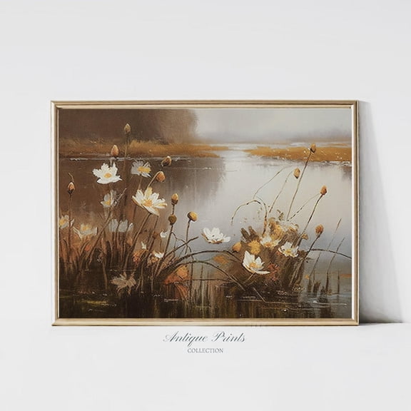 Vintage Fall Wildflower, Autumn Lake Landscape Wall Art, Antique Farmhouse Decor, Fall Countryside Wall Art, Poster, Unframed Poster Size 8x12