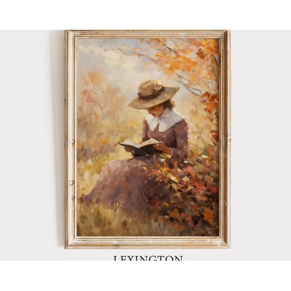 Vintage Fall Woman Reading Book Autumn Forest Academia Wall Art Print, Thoughtful Seasonal Theme For Home And Gallery Wall Decor