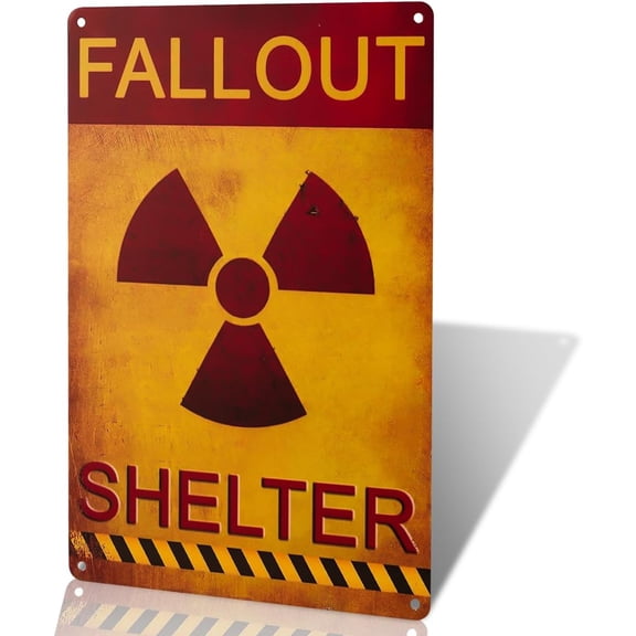 Vintage Fallout Shelter Metal Sign, Nuclear Warning Symbol Wall Decor, Distressed Metal Plaque for Game Room