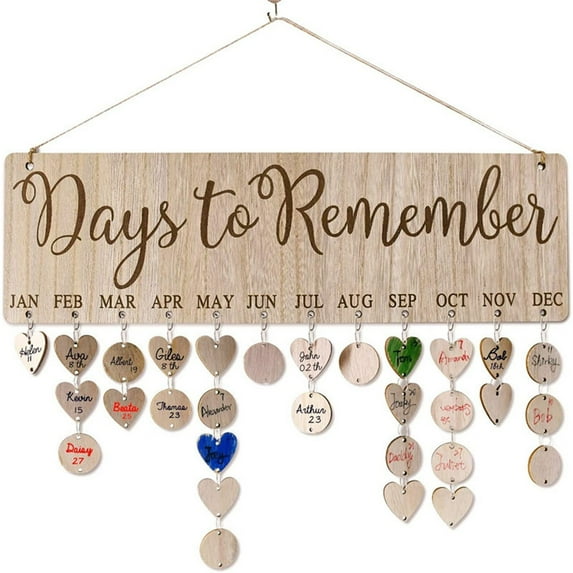 Vintage Family Reminder Calendar Board (16''x5''), Rustic Wooden Hanging Birthday Anniversary Reminder with 50pcs Wood Tags, DIY Calendar Plaque Sign Gift for Friend/Mother/Grandma
