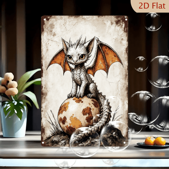 Vintage Fantasy Cute Dragon Hatchling Art on Speckled Egg, 8x12 Inches Metal Wall Decor, Rustic Whimsical Creature Print for Home Office Nursery
