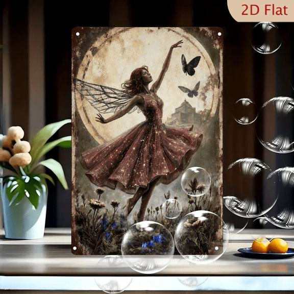 Vintage Fantasy Fairy Dancer with Dragonfly Wings & Full Moon Castle Art, 8x12 Inches Metal Wall Decor, Red Dress Starry Dress Wildflowers Dreamy Aesthetic for Home Office