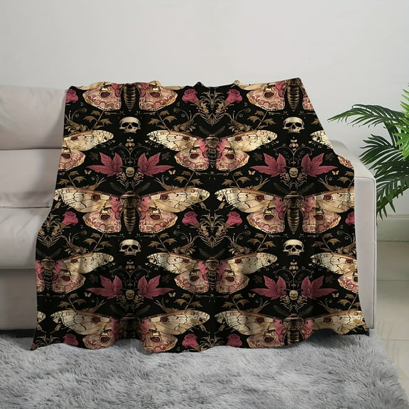 Vintage Fantasy Flannel Throw Blanket with Moth, Skull, and Botanical Print - Reversible, All-Season, Multipurpose - Machine Washable, Digital Print