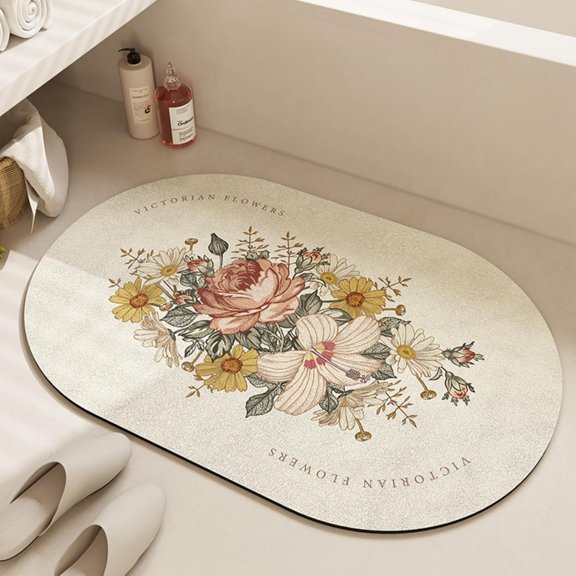 Vintage Fantasy Floral Diatomite Earth Bath Mat Non-Slip Shower Rugs Spring Summer Super Absorbent Quick Dry Plant Bathroom Floor Mat Household Bedrooms Doormat Washable Style C