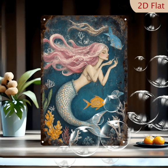 Vintage Fantasy Underwater Mermaid with Pink Hair and Teal Tail, 8x12 Inch Rusty Metal Wall Art Print for Bathroom Bedroom Home Decor